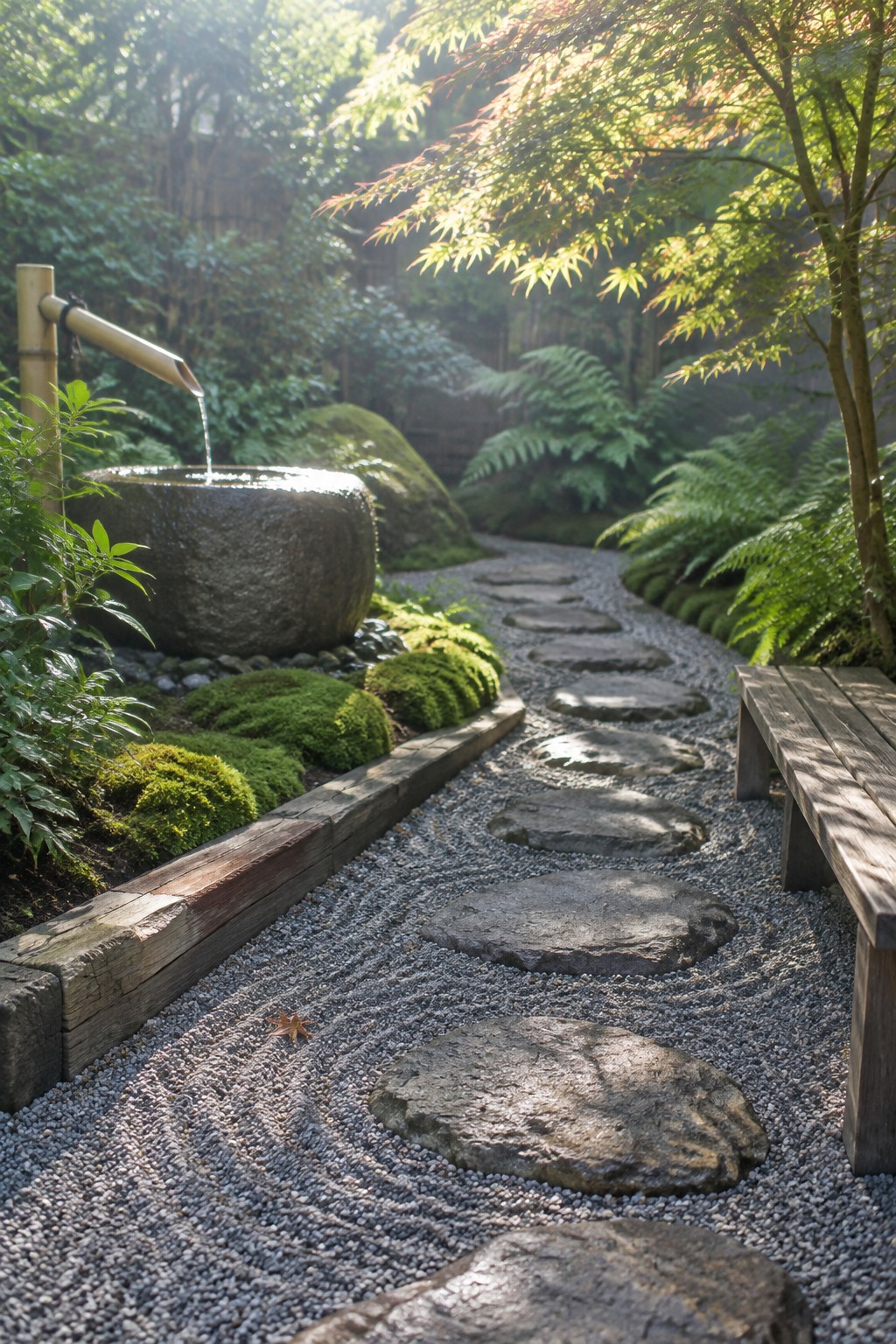 Large flat stepping stones run through a gravel garden path beside mossy planting, a stone water basin, and a wooden bench.