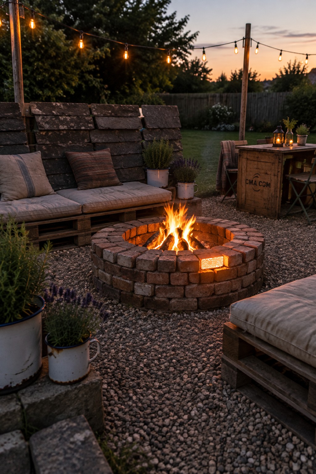 A circular reclaimed brick fire pit burns in a gravel patio surrounded by pallet seating and string lights.