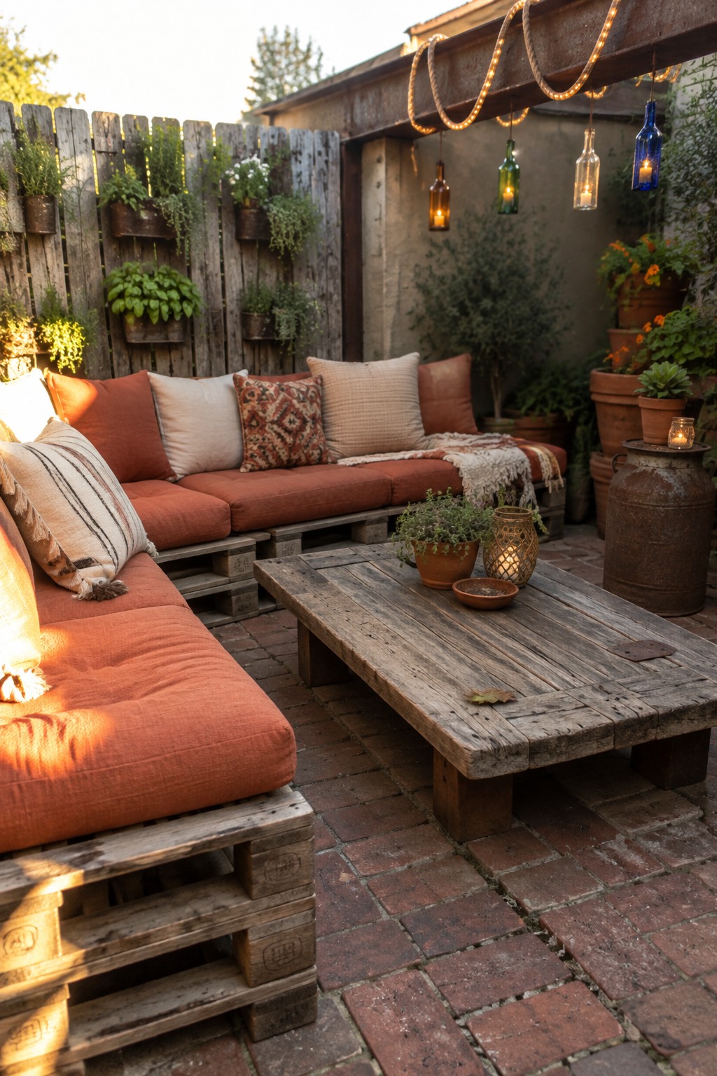 A brick patio with orange-cushioned pallet sofas, a low reclaimed-wood coffee table, potted plants, and hanging bottle lights.