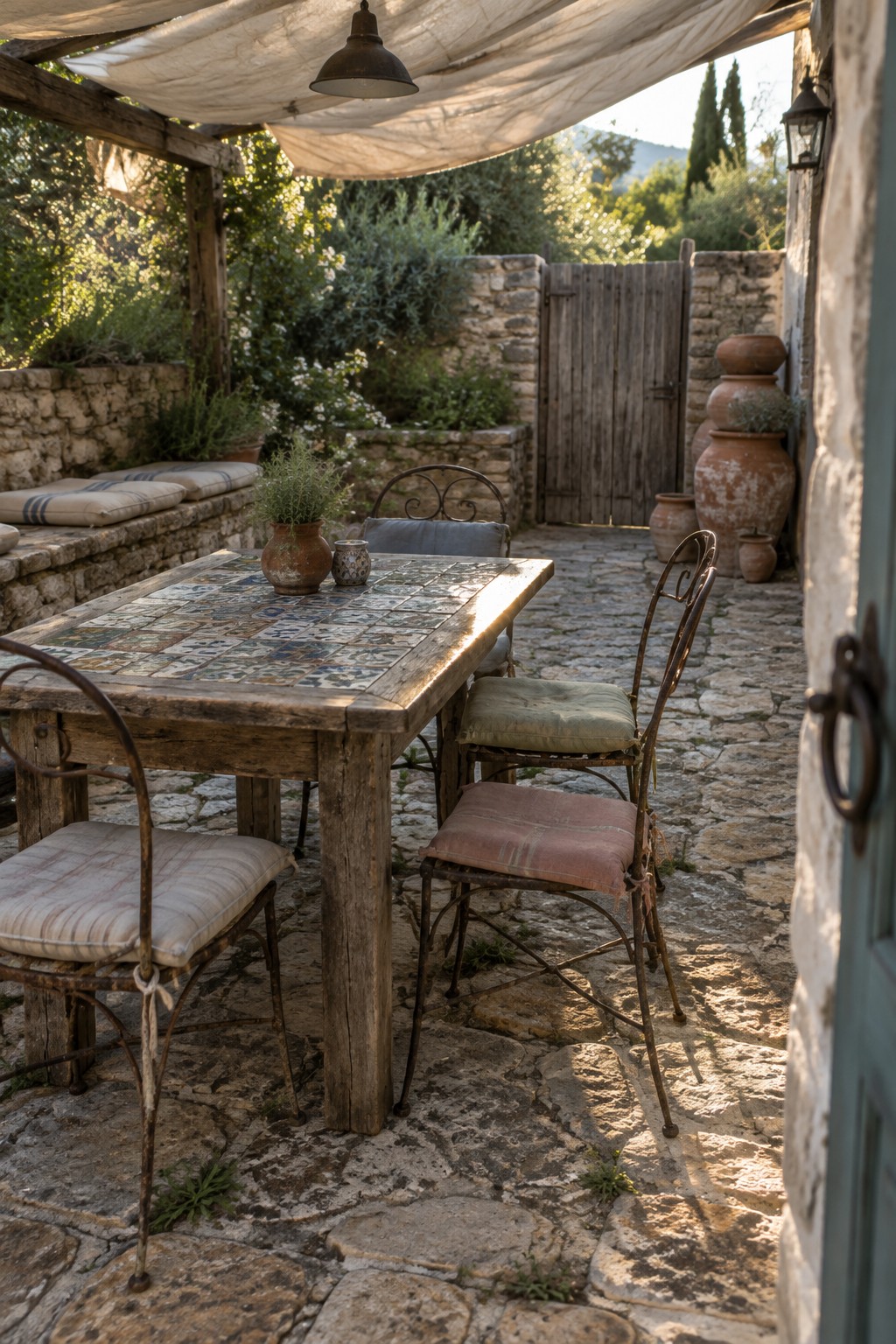 A rustic wooden dining table with a patterned tile top and cushioned metal chairs sits on a stone patio beneath a fabric canopy.