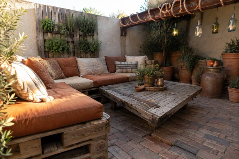 20 Budget Patio Makeover Ideas Using Reclaimed Materials A brick patio with orange-cushioned pallet sofas, a low reclaimed-wood coffee table, potted plants, and hanging bottle lights.