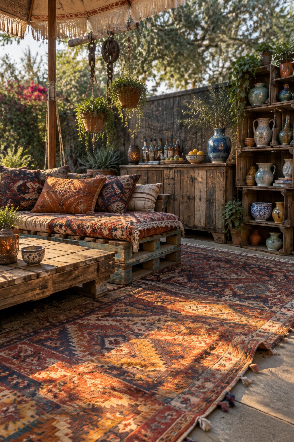 A patterned rug covers the patio floor in front of pallet seating with colorful cushions.