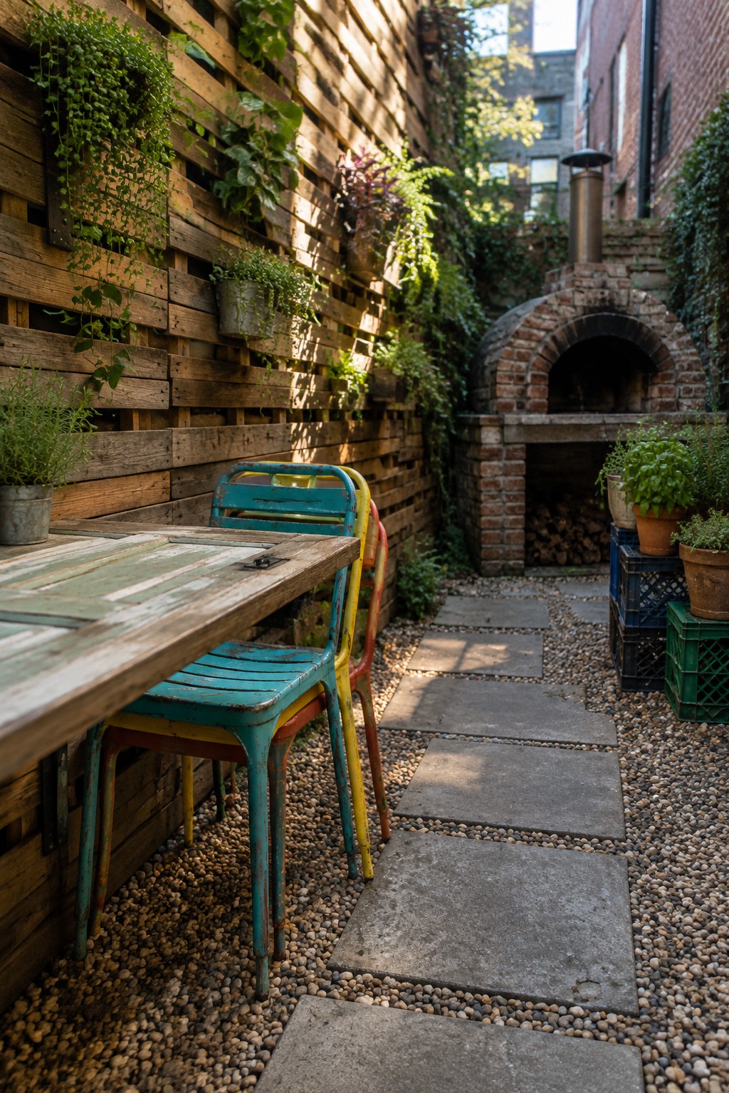 A wooden table and colorful metal chairs sit beside a timber wall in a narrow gravel courtyard with a brick oven at the far end.