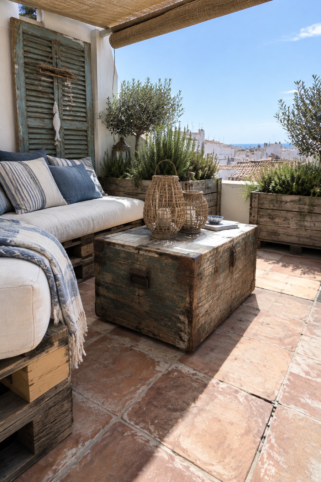 A weathered wooden trunk used as a coffee table on a tiled terrace beside cushioned seating.