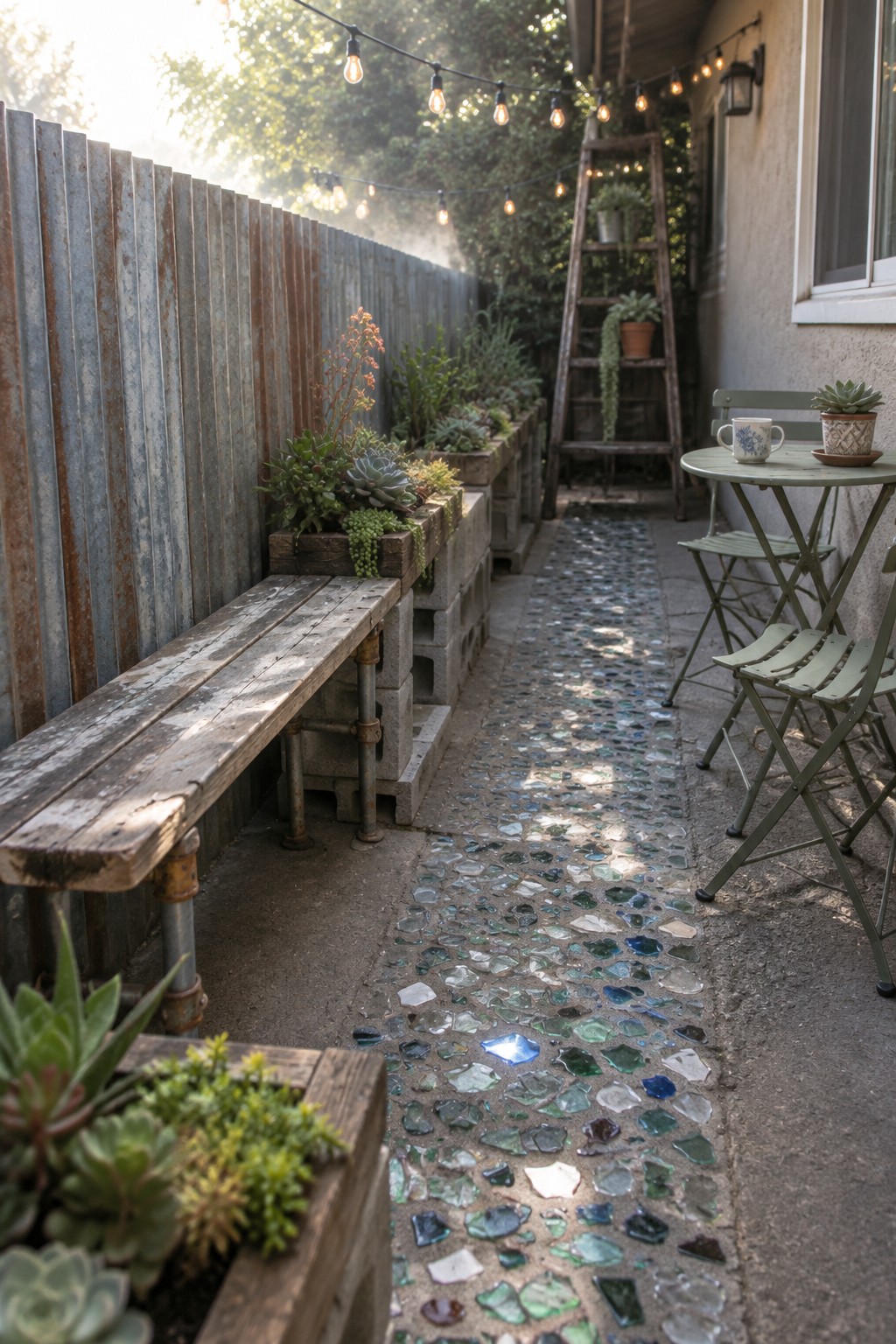A narrow garden path made of assorted glass pieces runs between raised succulent planters and outdoor seating.