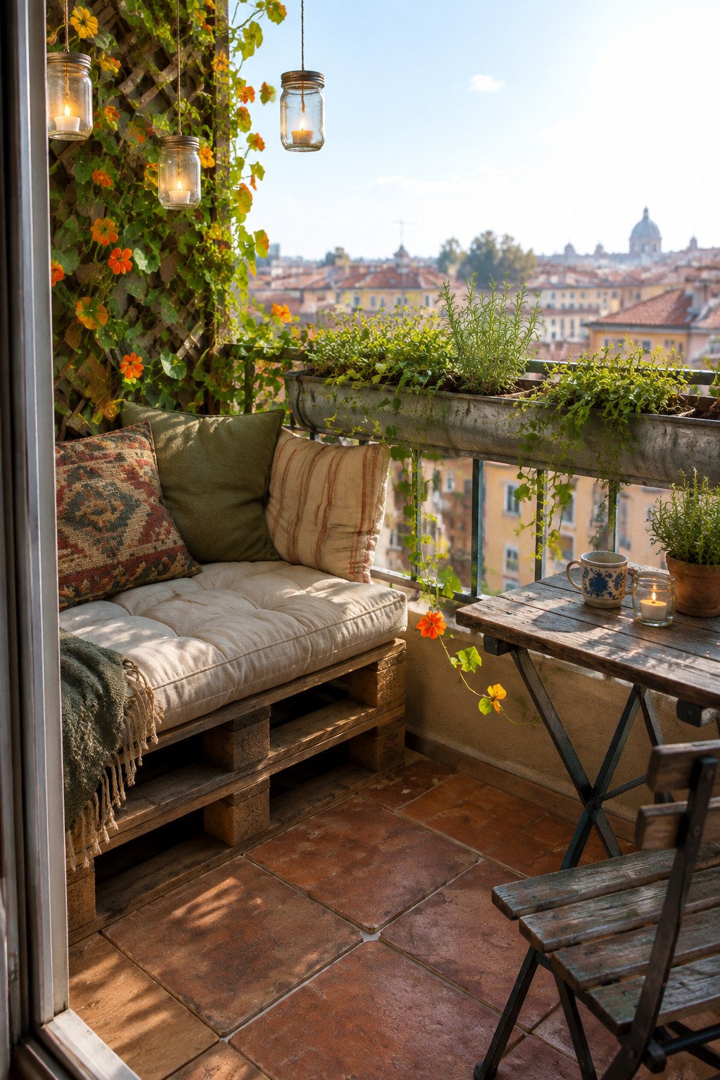 A small balcony with a reclaimed wood bench, cushions, planters, a table, and hanging jar candles.