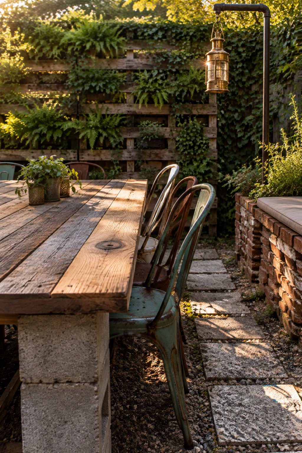A weathered wooden dining table with metal chairs sits beside a brick bench on a stone garden path.