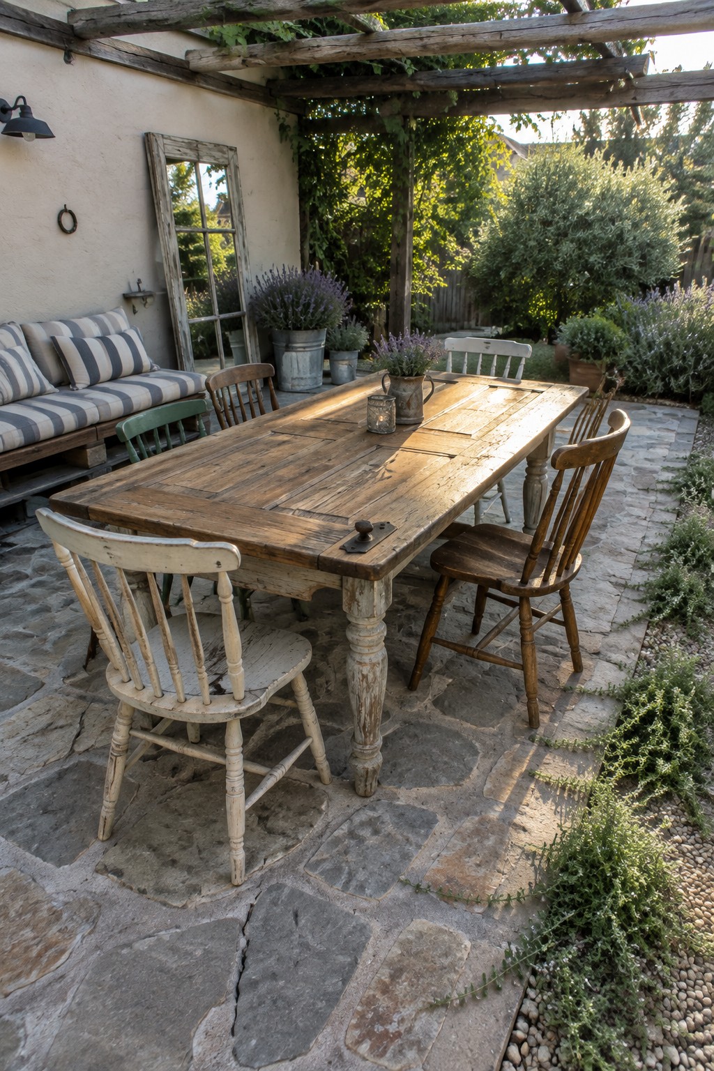 A long reclaimed wood dining table and mismatched chairs sit on a stone patio beneath a timber pergola.