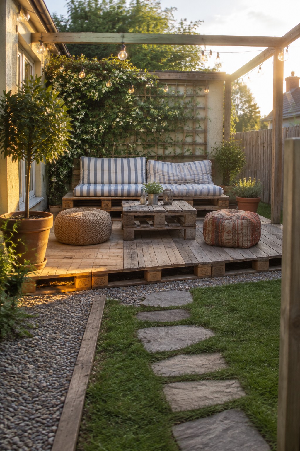 A low pallet deck in a backyard holds a cushioned sofa, a wooden coffee table, and two round poufs.