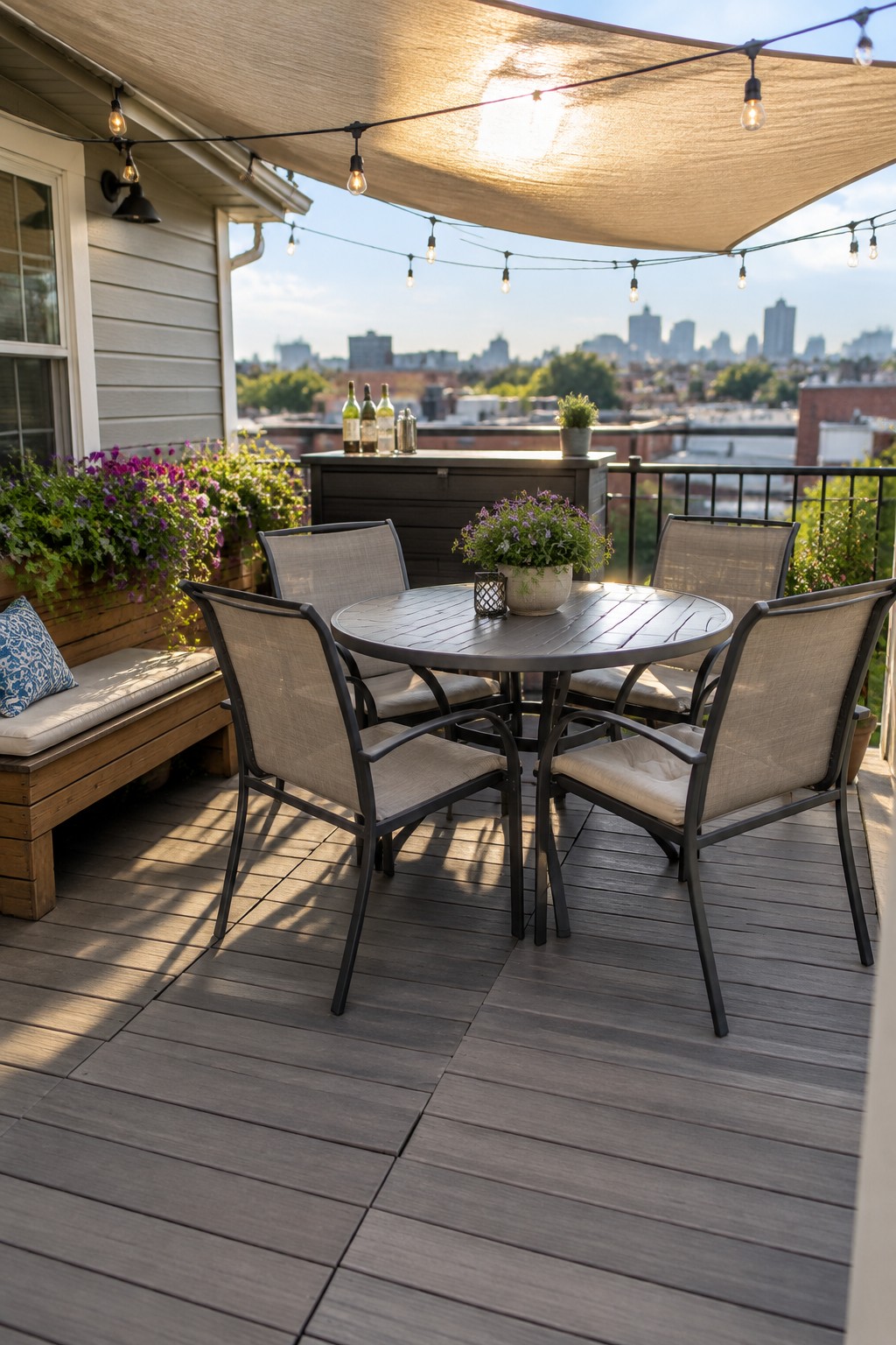 A round dining table and four chairs sit on a tiled rooftop deck beneath a tan shade sail.
