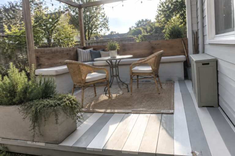 20 Cheap Decking Ideas for Back Patios Using Simple Surface Designs A small backyard deck with pale painted boards, a built-in bench, a round table, woven chairs, and a large concrete planter.