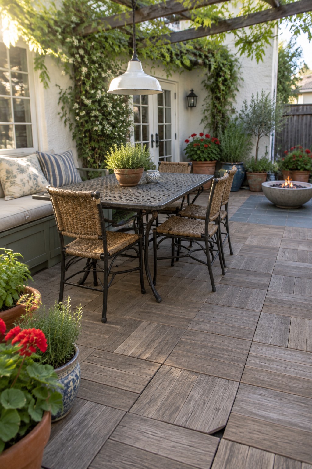 A patio dining table and woven chairs sit on square wood-look tiles beside a white house and potted plants.