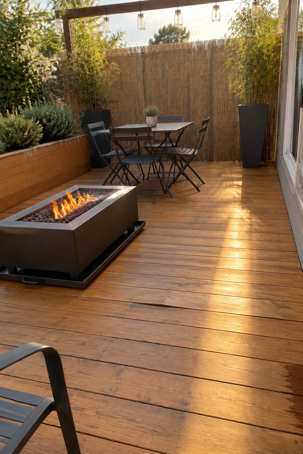 A wood deck with a dining table, folding chairs, a privacy screen, string lights, and a rectangular fire pit.
