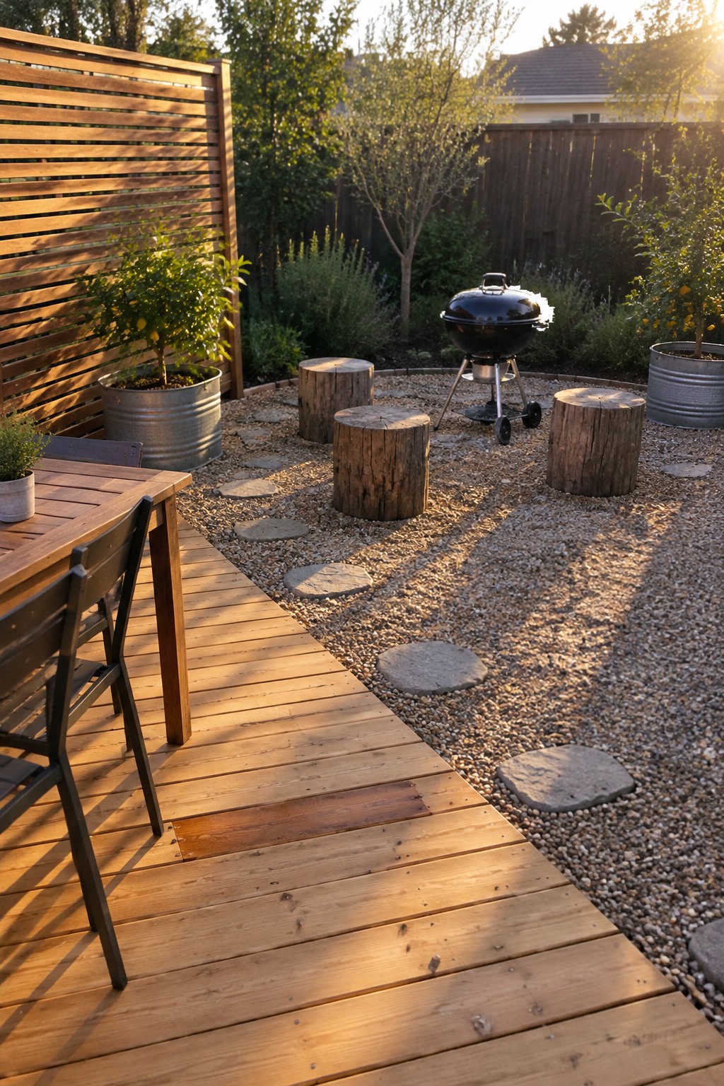 A small wooden deck with a dining table sits beside a gravel patio with stepping stones, log seats, and a kettle grill.