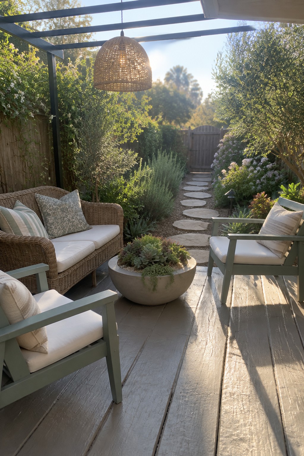 A small wood deck with cushioned chairs and a planter sits beside a stepping-stone path through a garden.