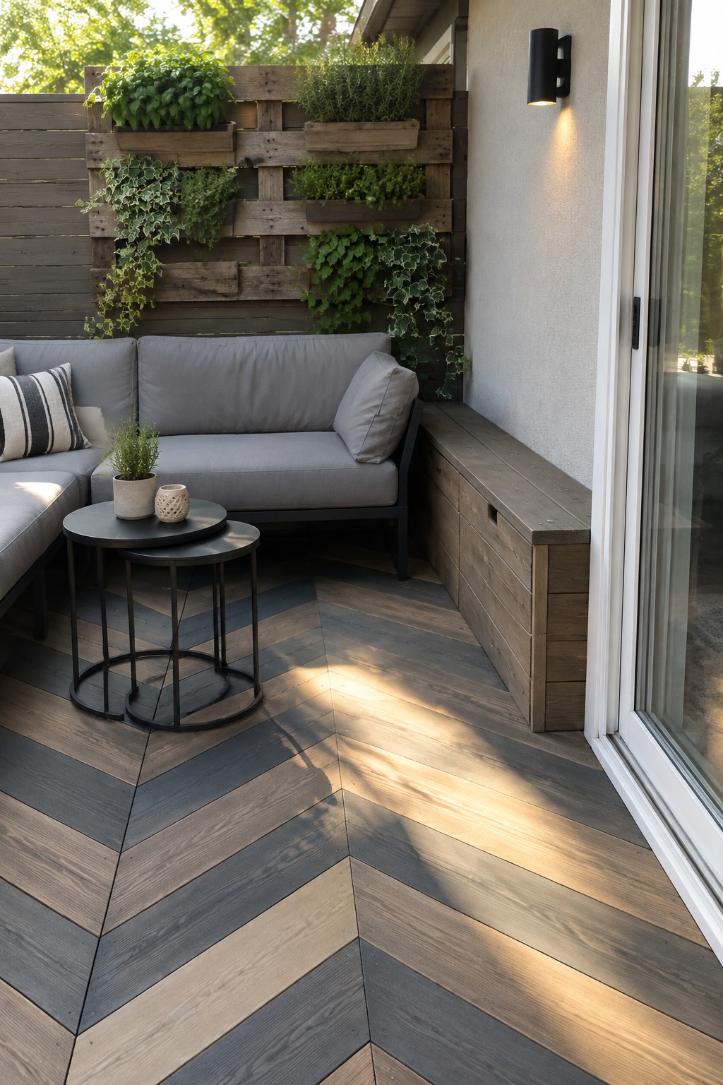 A small patio with gray and natural wood deck boards arranged in a chevron pattern, a gray corner sofa, and a wooden planter bench.