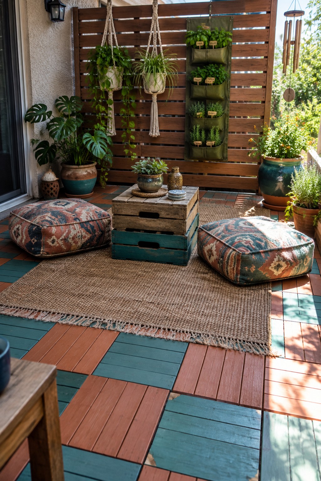 A patio with teal and terracotta painted deck boards, a woven rug, floor cushions, and potted plants.