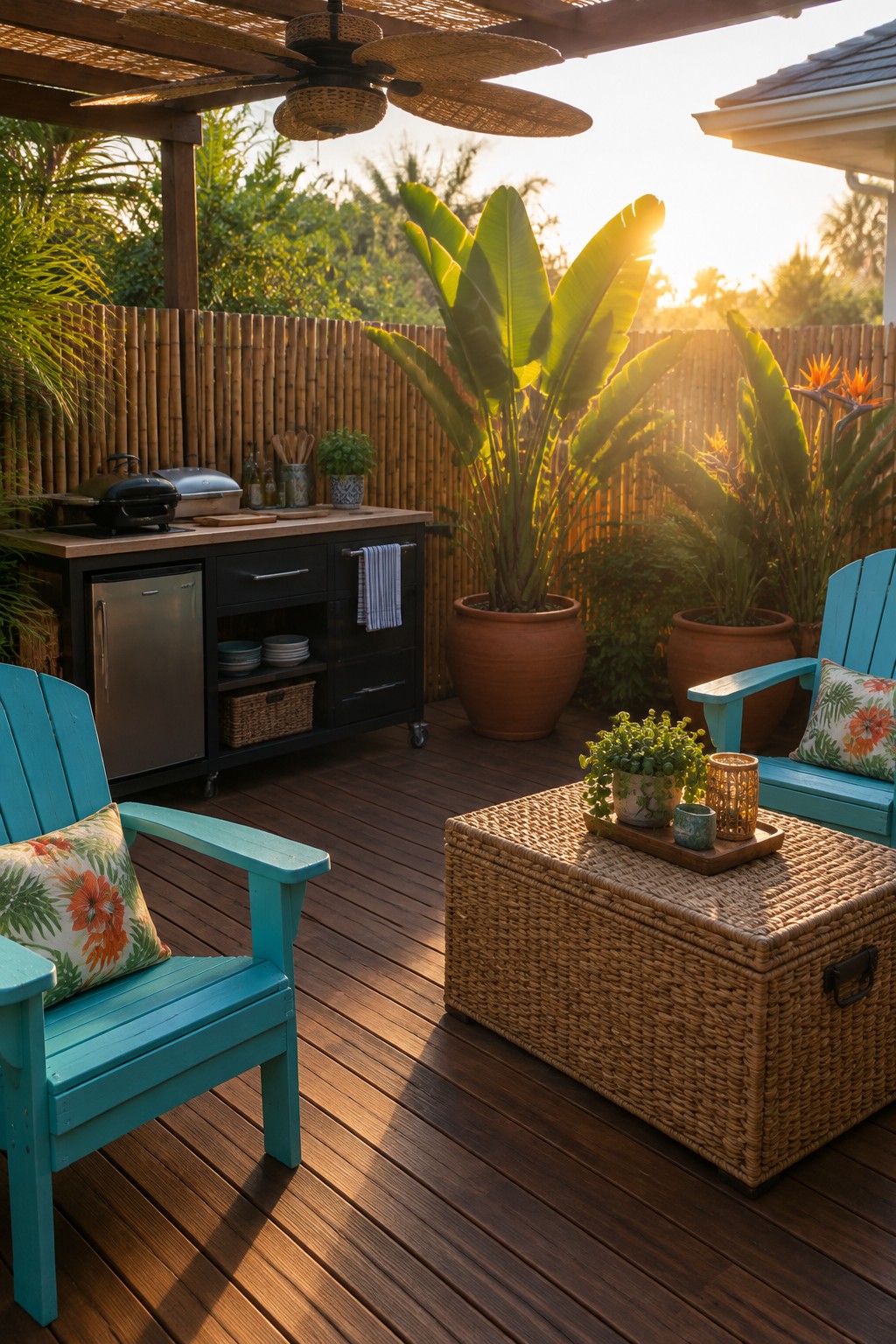 A wood deck patio with turquoise chairs, a wicker table, and a compact outdoor kitchen.
