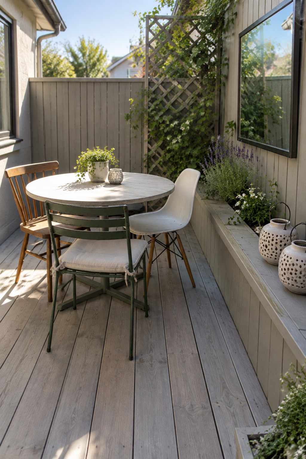 A narrow gray wood deck with a round dining table, three chairs, and a raised planter along one side.