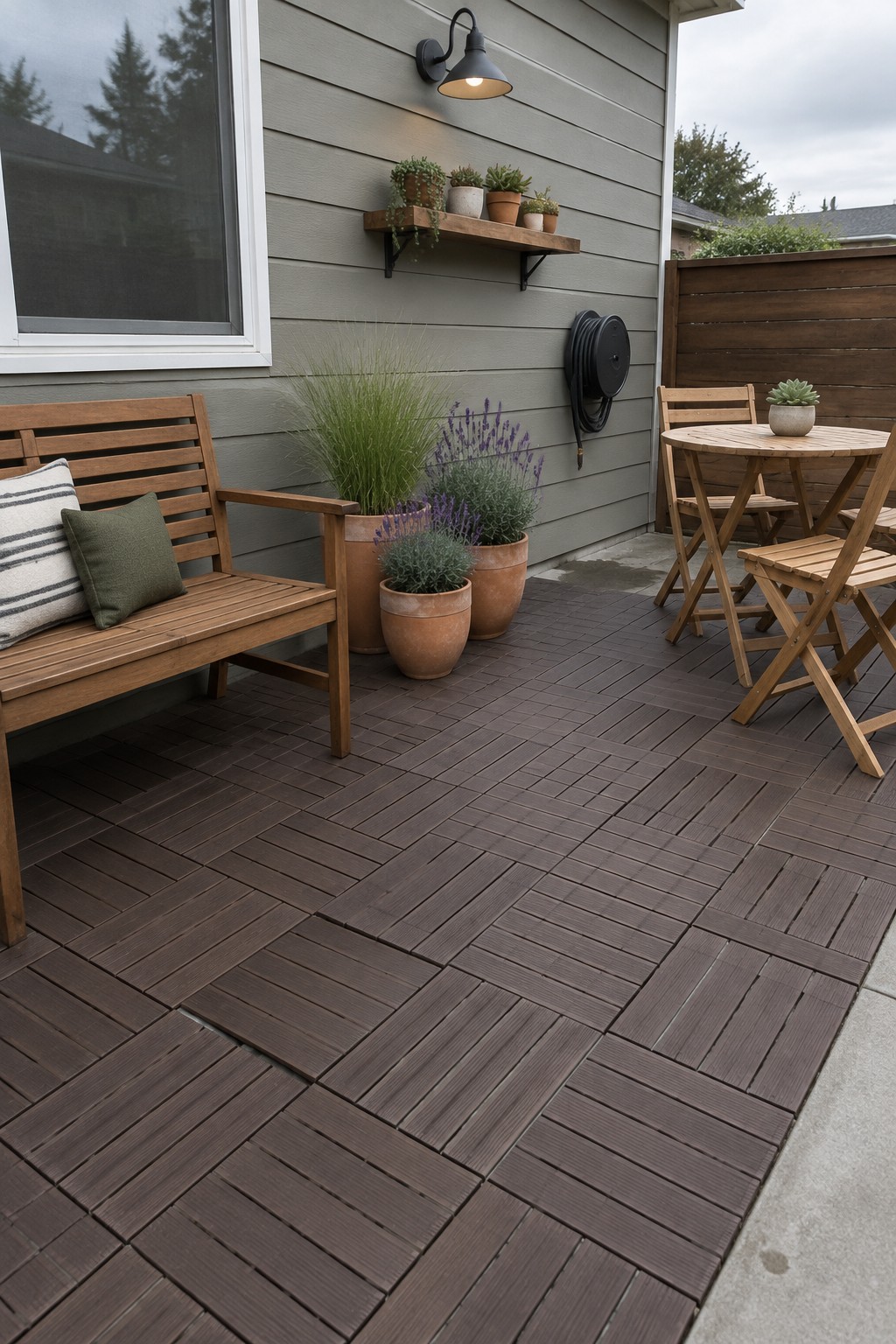 Dark brown interlocking deck tiles cover a patio beside a house, with a wooden bench, potted plants, and a small dining set.