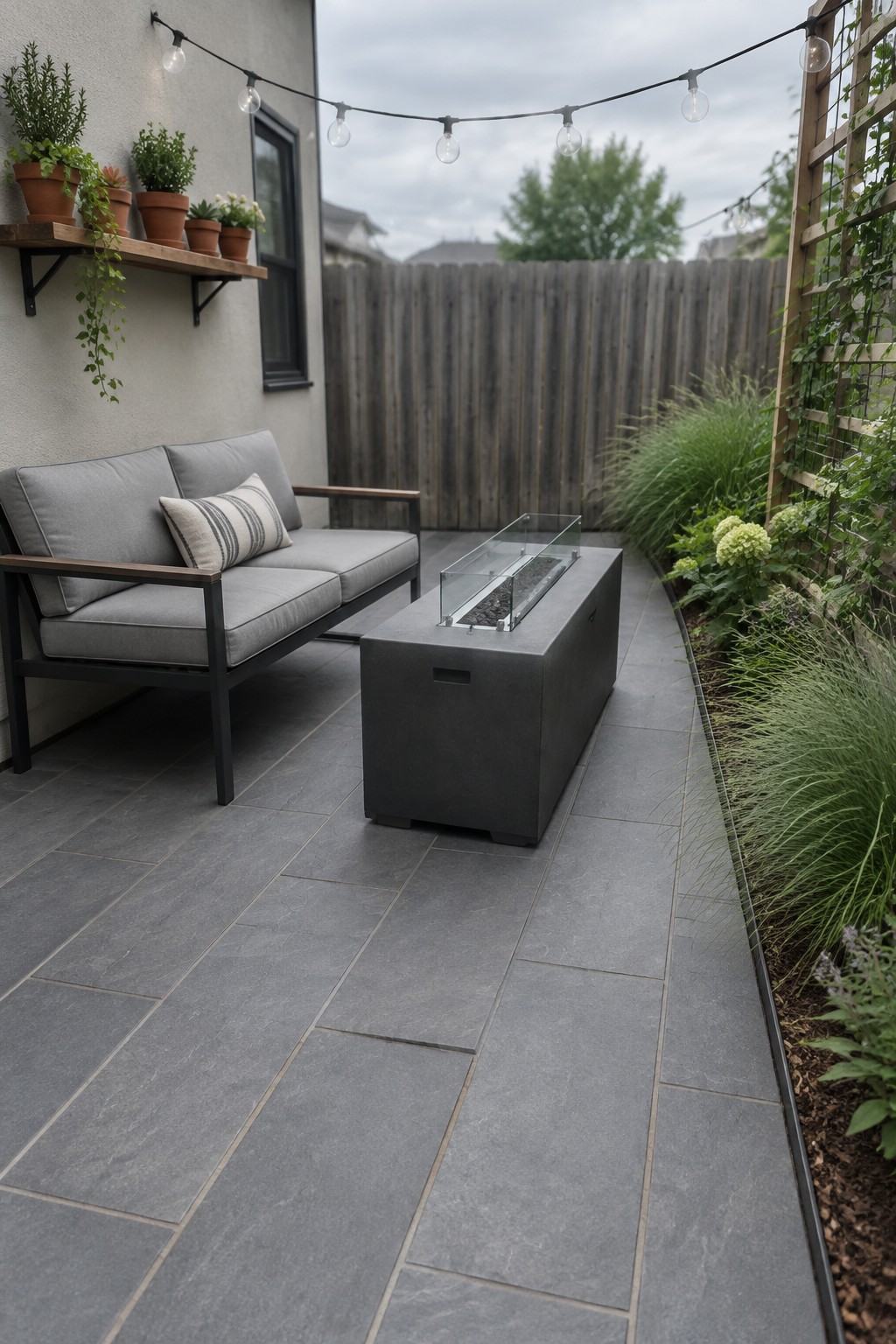 Large gray patio tiles run beside a gray cushioned sofa and a rectangular fire table.