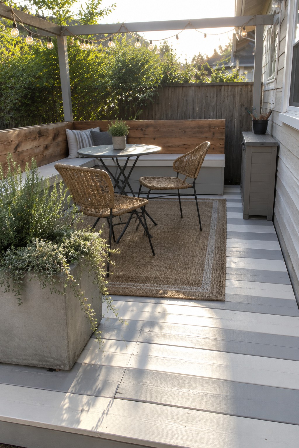A small backyard deck with pale painted boards, a built-in bench, a round table, woven chairs, and a large concrete planter.