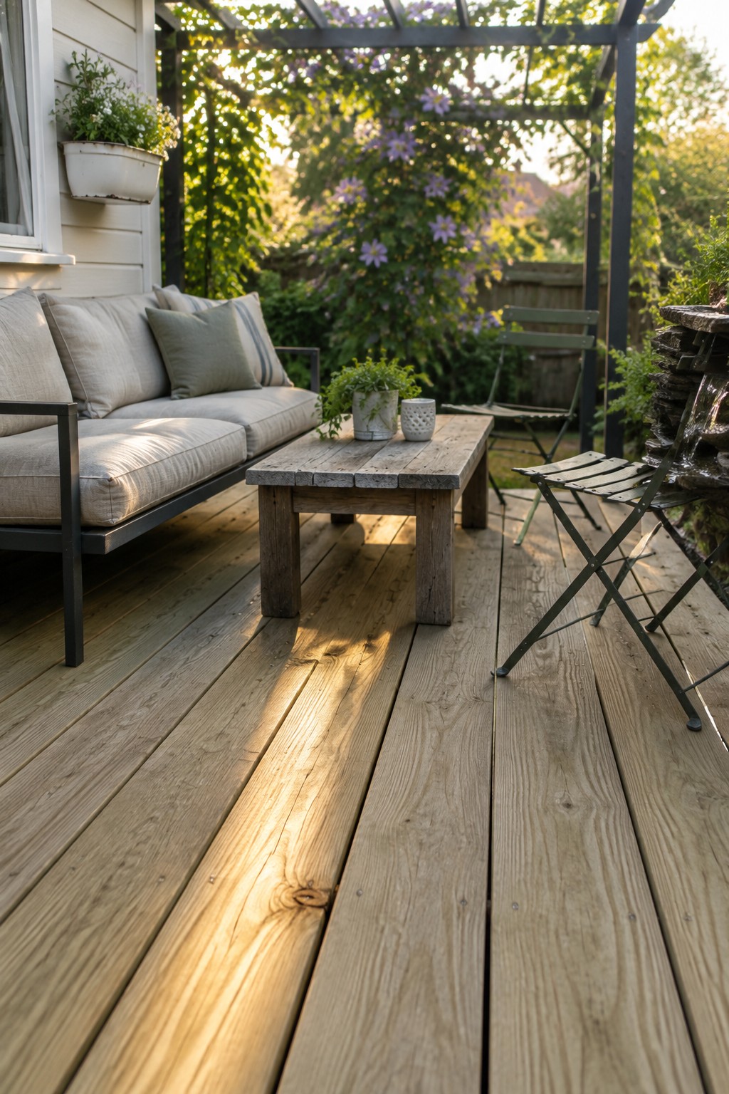 A wooden deck with wide boards, a cushioned outdoor sofa, a low coffee table, and folding chairs.