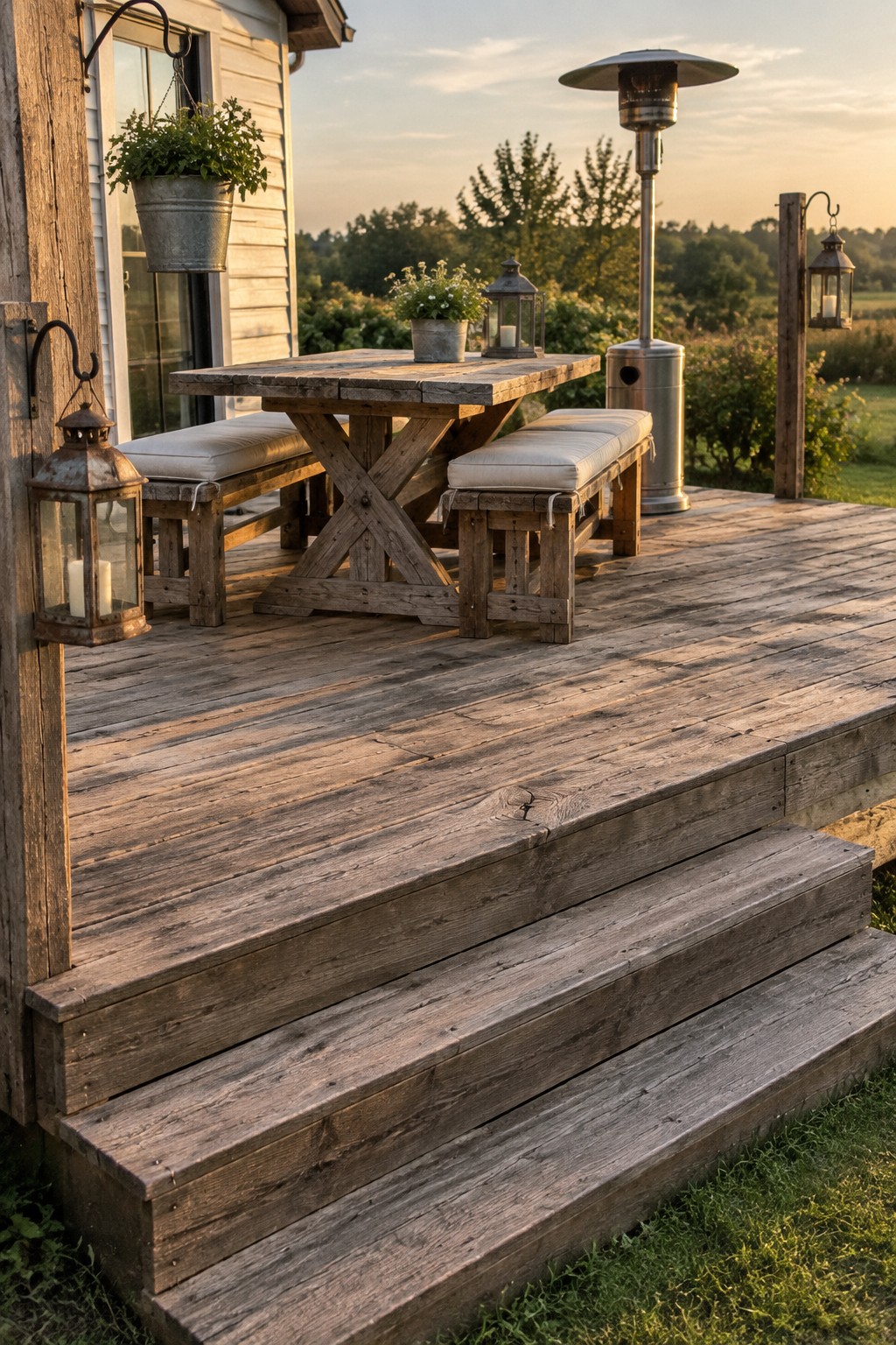 A weathered wooden deck with wide steps, a rustic dining table, cushioned benches, and a patio heater.