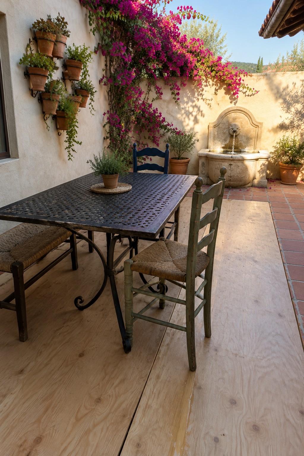 A dark metal dining table and woven chairs sit on wide wooden planks in a walled patio with potted plants and a stone fountain.