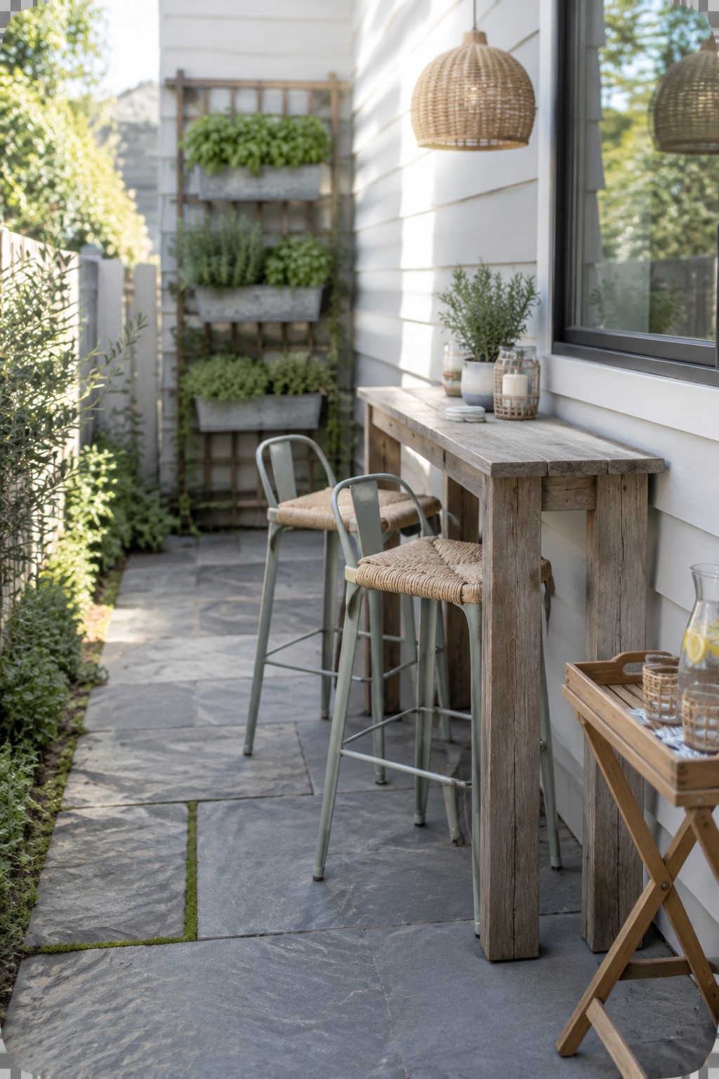 A narrow stone patio has a tall wooden table against a white house wall with two metal stools and woven seats.