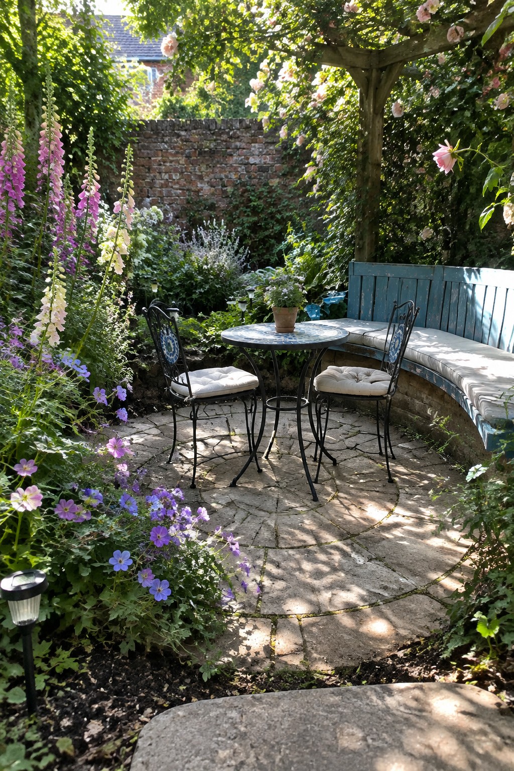 A curved blue wooden bench with cream cushions wraps around a small stone patio beside a round table and two chairs.