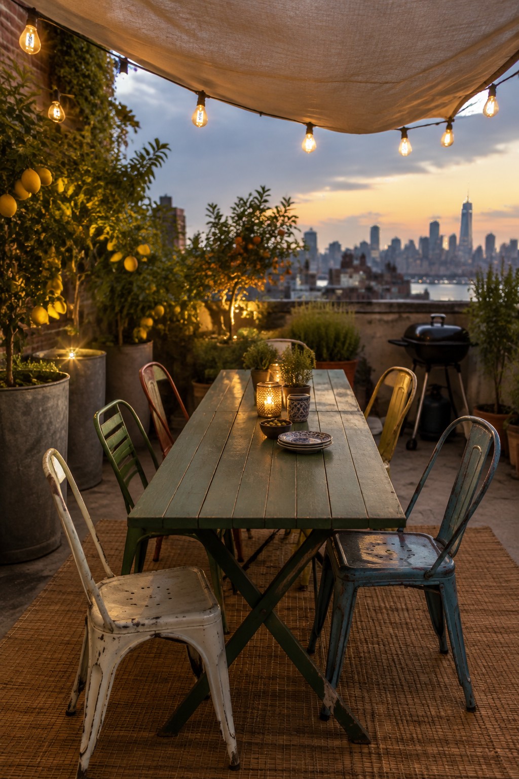 A long outdoor dining table and metal chairs sit beneath a fabric canopy on a rooftop patio with string lights and potted citrus trees.