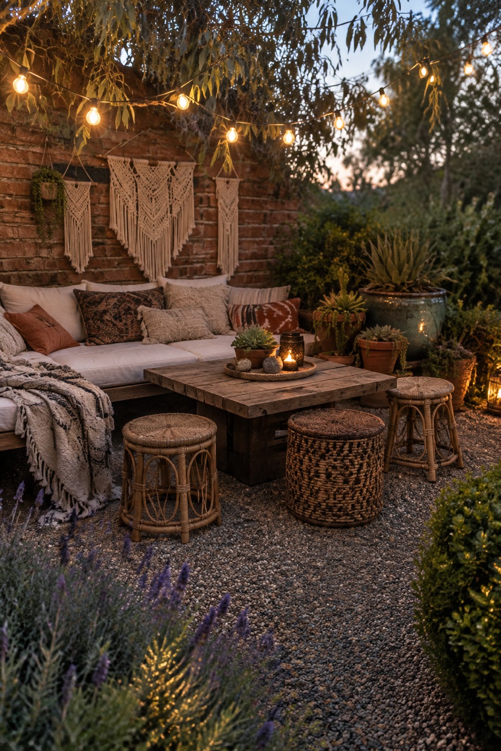 A cushioned outdoor sofa and wooden coffee table sit on a gravel patio beneath string lights.