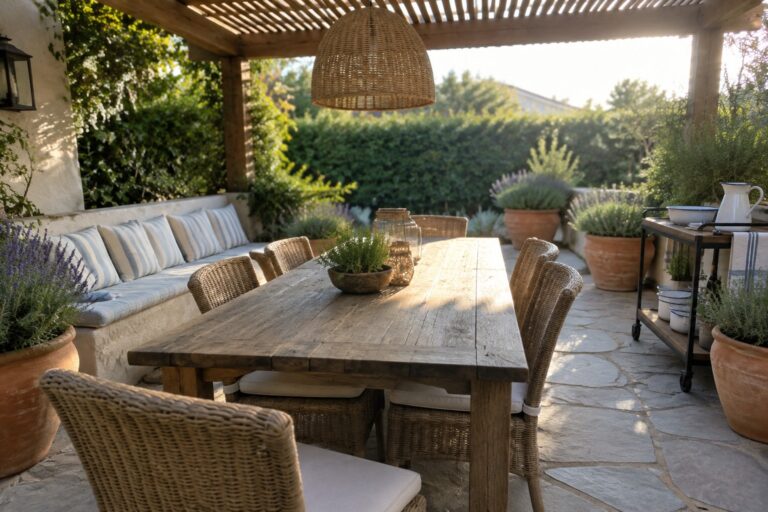 A long wooden dining table and woven chairs sit beneath a timber pergola on a stone patio.