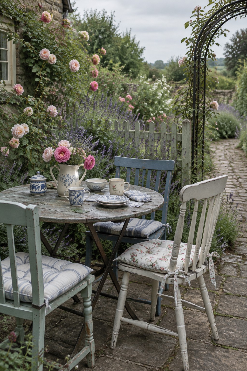 A round wooden table with china and a flower-filled jug sits among vintage chairs beside a rose-covered cottage garden and stone path.