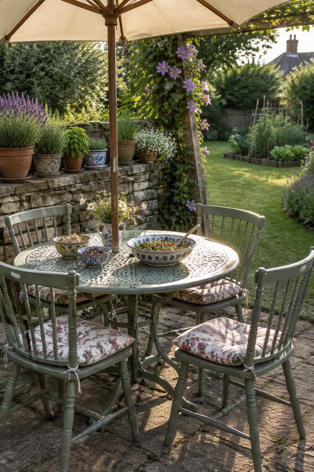 A round patio table and painted chairs sit beneath a beige umbrella on a stone patio beside a garden.