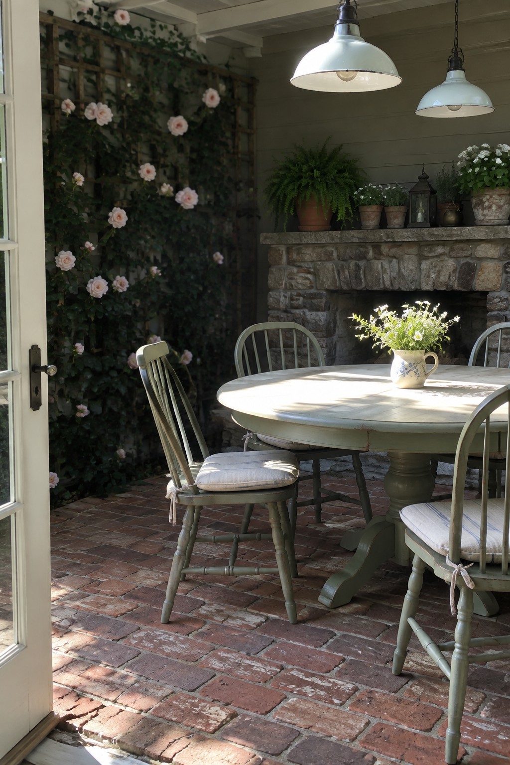 A round pale green dining table and matching chairs sit on a brick patio beside a stone fireplace and a rose-covered trellis.