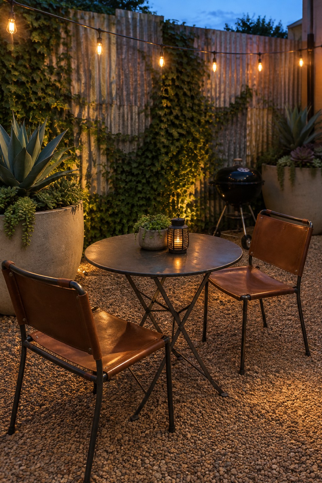 A round patio table with two brown chairs sits on a gravel patio beneath string lights, beside planters and a black kettle grill.