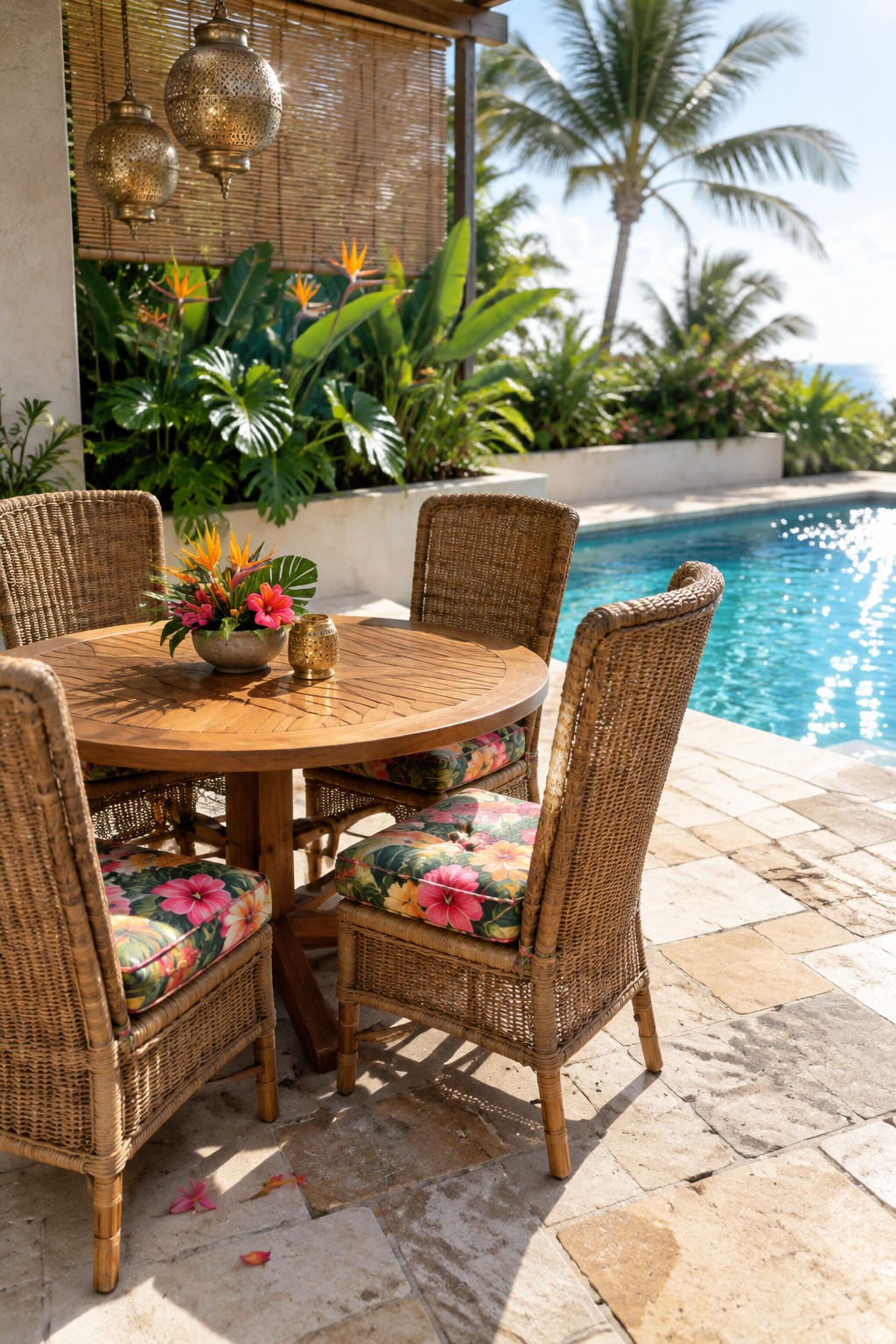 A round wooden patio table with floral cushions on wicker chairs beside a swimming pool.