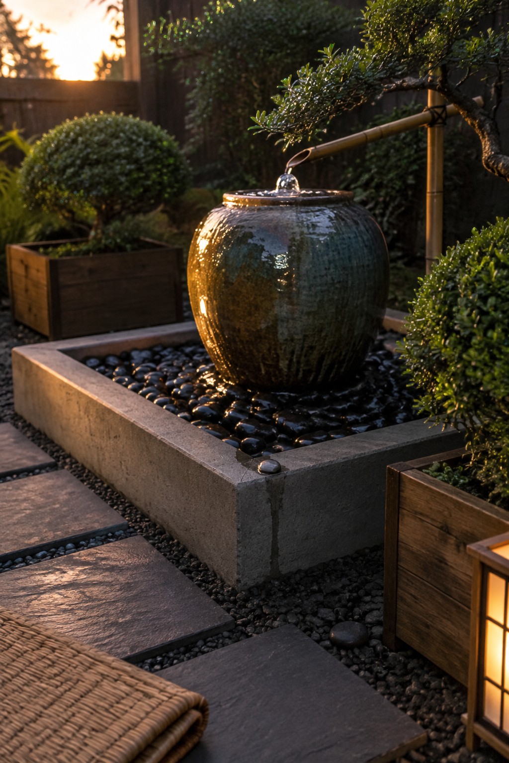 A glazed ceramic pot fountain sits in a rectangular pebble bed in a garden patio, with stone pavers, wooden planters, and a lit lantern nearby.