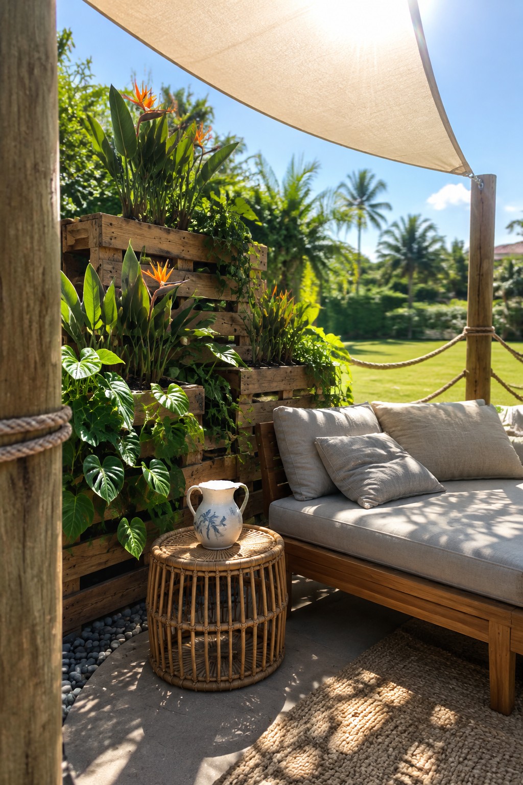 A patio seating area beside a wooden vertical planter filled with tropical plants and orange flowers.