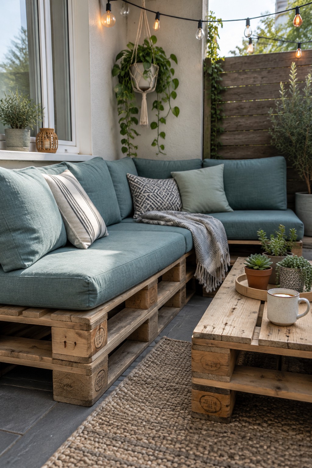 An L-shaped outdoor sofa made from wooden pallets has blue cushions and patterned pillows beside a matching pallet coffee table.