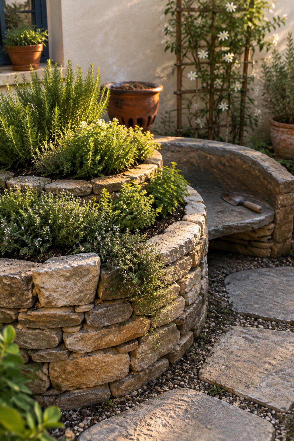 A raised circular herb bed made from stacked stone sits beside a stone path in a small garden.