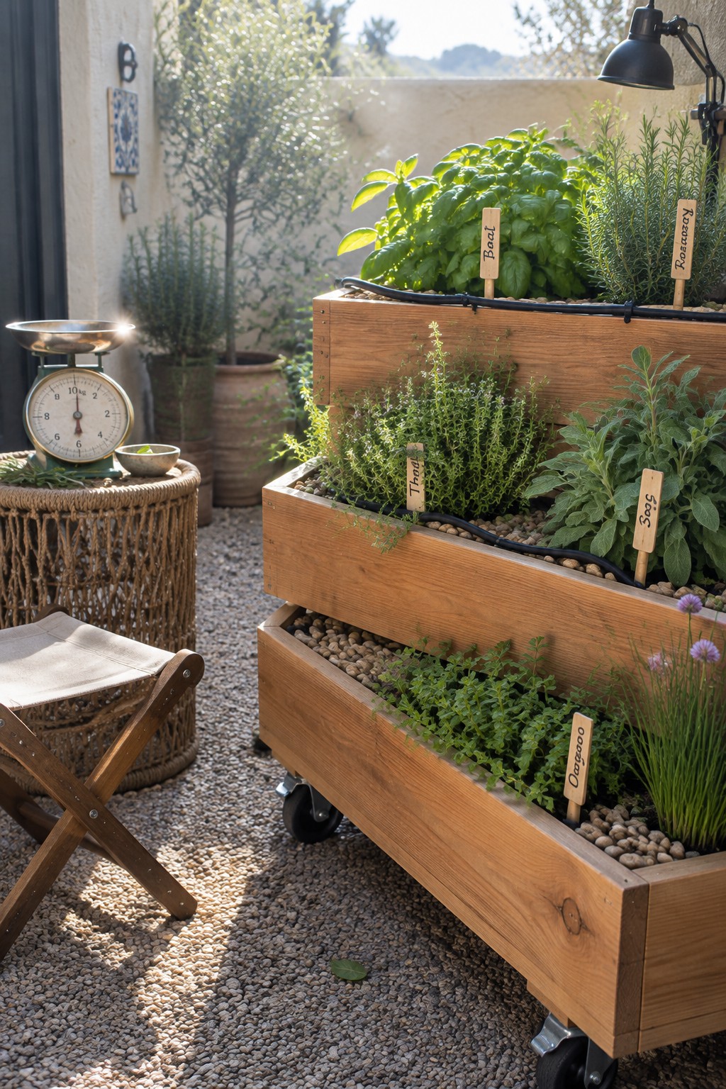 Three wooden tiered planters on wheels hold herbs with plant labels and drip irrigation tubing.
