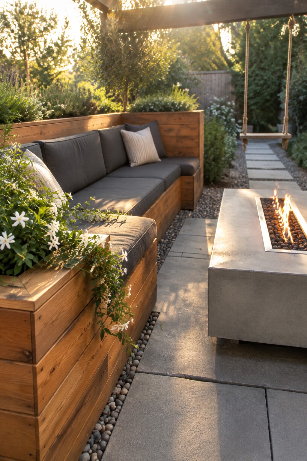A wooden raised planter with built-in charcoal-cushioned bench seating beside a paved patio and rectangular fire pit.