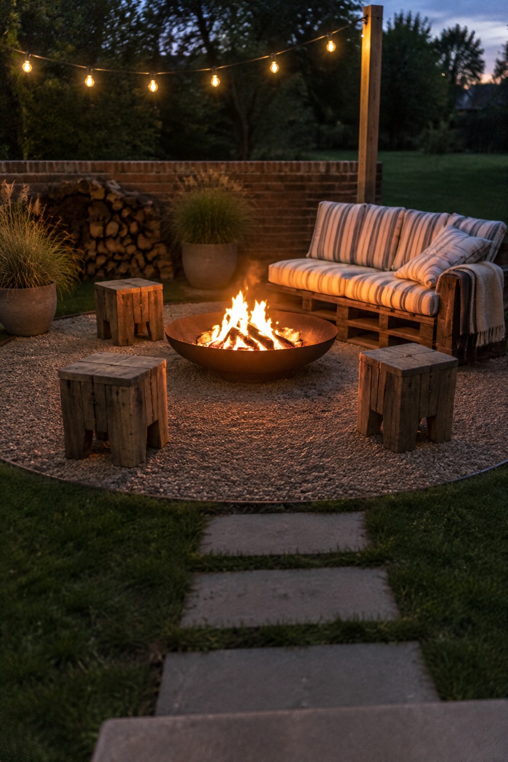 A backyard patio with a metal fire bowl, wooden stools, a cushioned sofa, and string lights.