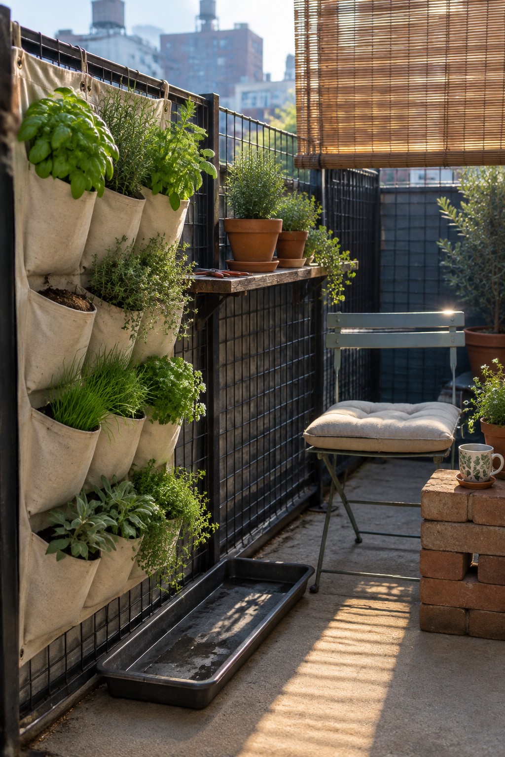 A balcony wall holds a fabric pocket planter filled with herbs beside a small chair and potted plants.