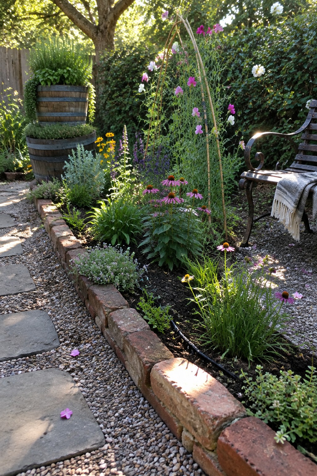A curved flower bed edged with reclaimed bricks beside a gravel path with stepping stones.