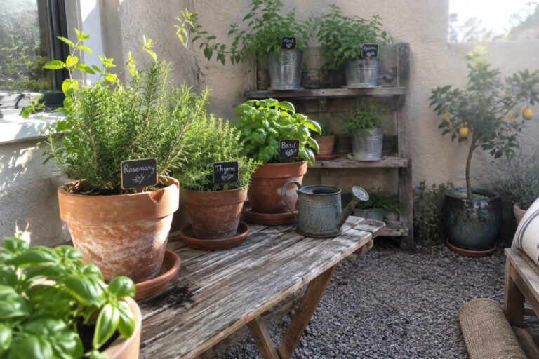 Potted rosemary, thyme, basil, mint, and lemon balm sit on a weathered wooden table in a small patio garden.