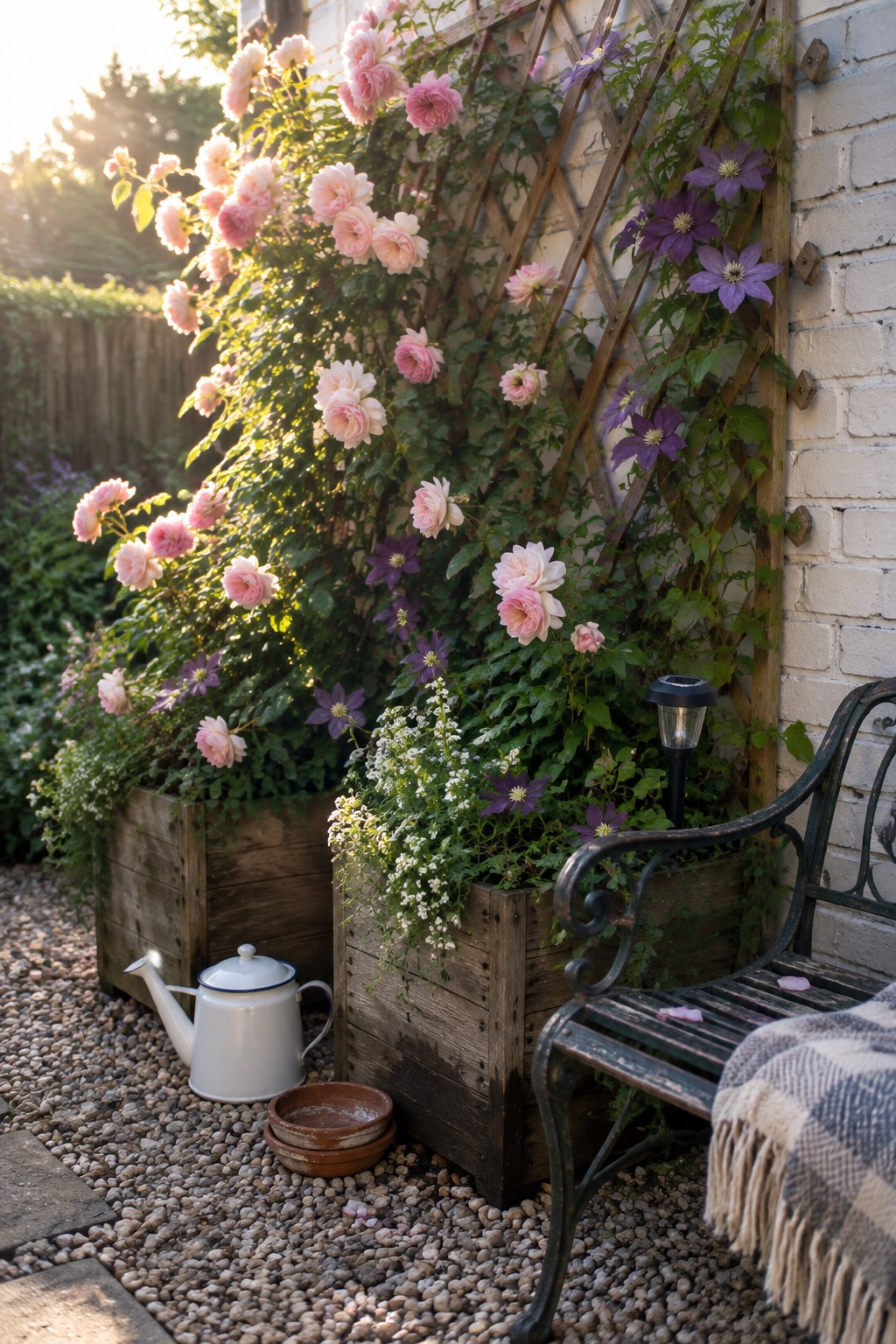 Pink roses and purple clematis climb a wooden trellis beside raised garden beds, a gravel path, and a metal bench.